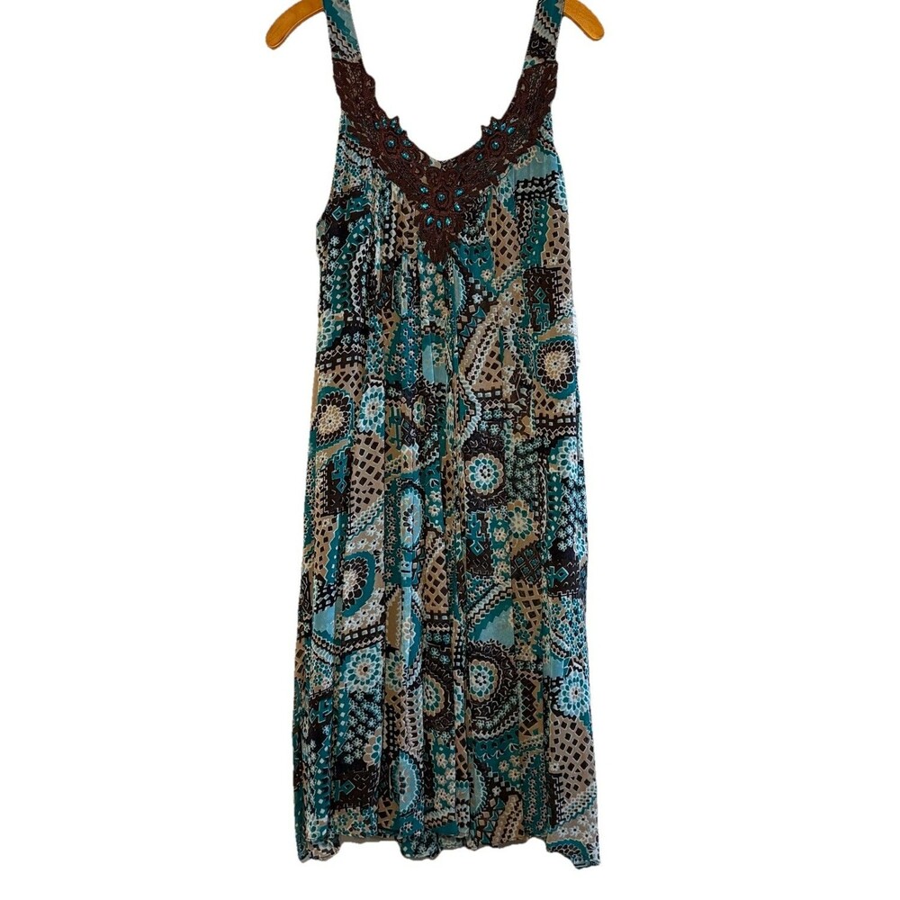 Dressbarn Tank Midi Shift‎ Dress Brown Turquoise Paisley Crochet NEW Sz 16W
